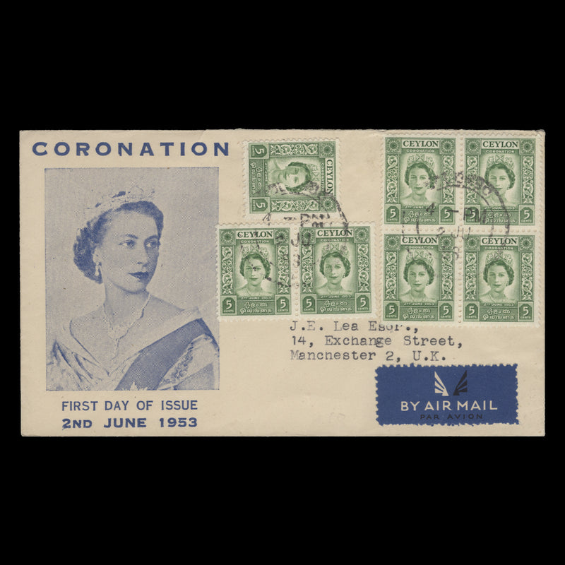 Ceylon 1953 (FDC) 5c Coronation block, pair and single, COLOMBO 5