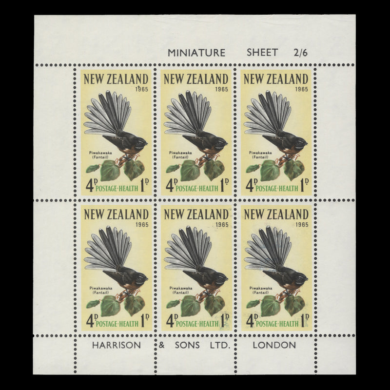 New Zealand 1965 (Variety) 4d+1d Piwakawaka miniature sheet with offset