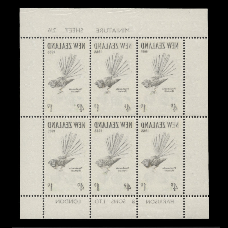 New Zealand 1965 (Variety) 4d+1d Piwakawaka miniature sheet with offset