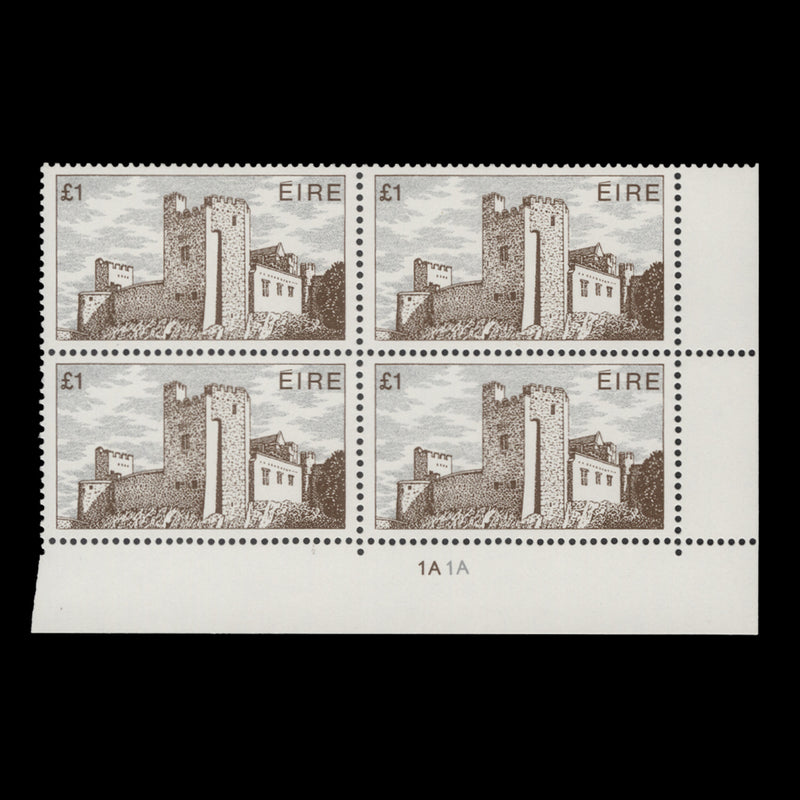 Ireland 1982 (MNH) £1 Cahir Castle cylinder 1A–1A block, ordinary paper
