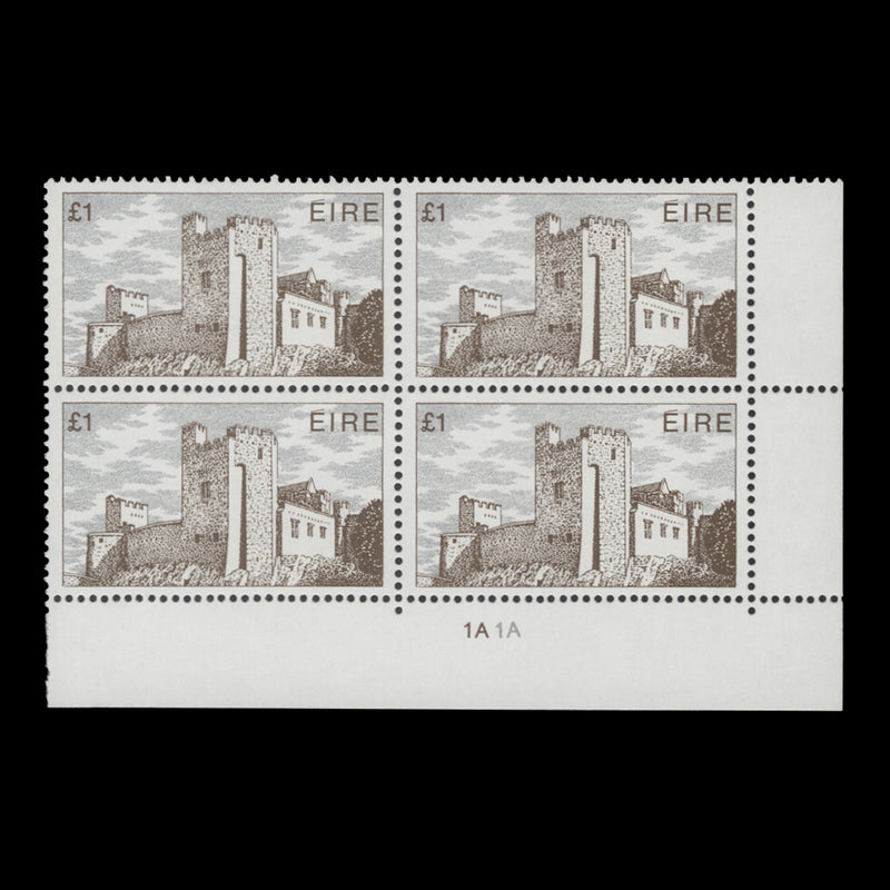 Ireland 1982 (MNH) £1 Cahir Castle cylinder 1A–1A block, pale gum