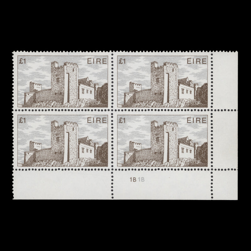 Ireland 1982 (MNH) £1 Cahir Castle cylinder 1B–1B block, pale gum