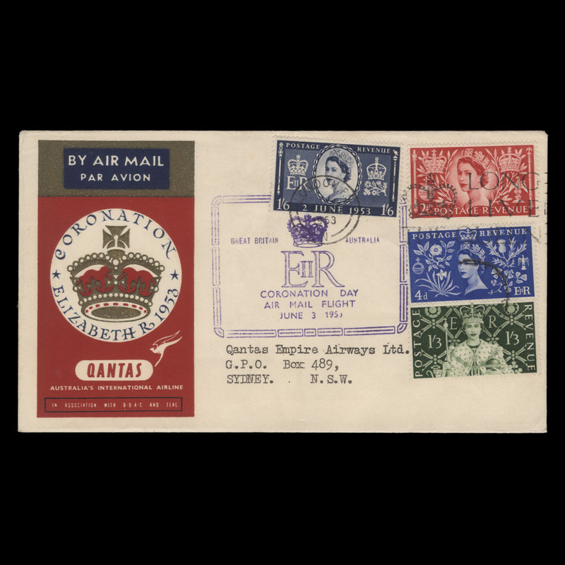 Great Britain 1953 Coronation first day Qantas cover, LONDON FS
