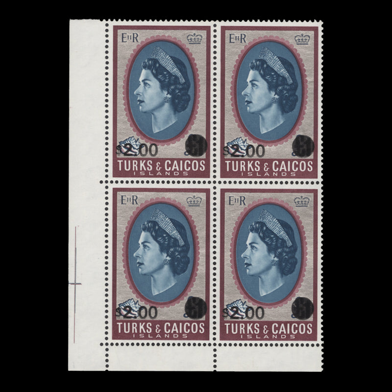 Turks & Caicos Islands 1969 (MNH) $2/£1 Queen Elizabeth II block, upright wmk
