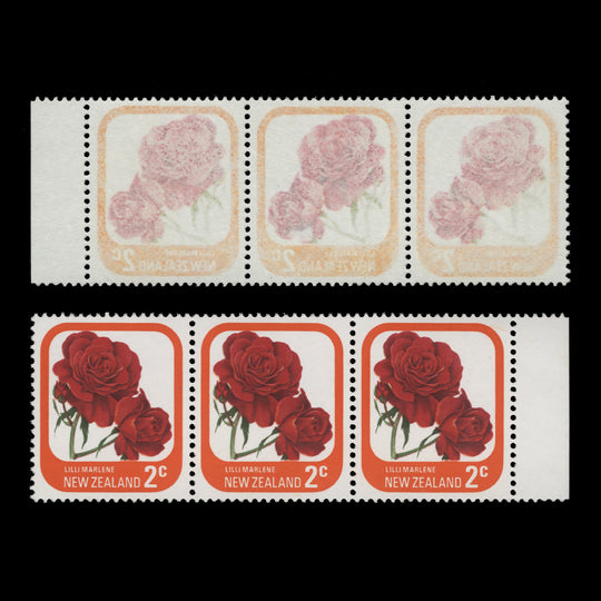 New Zealand 1975 (Variety) 2c Lilli Marlene strip with all colours offset