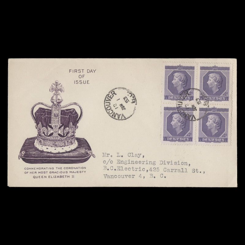 Canada 1953 (FDC) 4c Coronation block, VANCOUVER