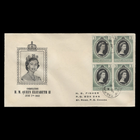 Leeward Islands 1953 (FDC) 3c Coronation block, PLYMOUTH