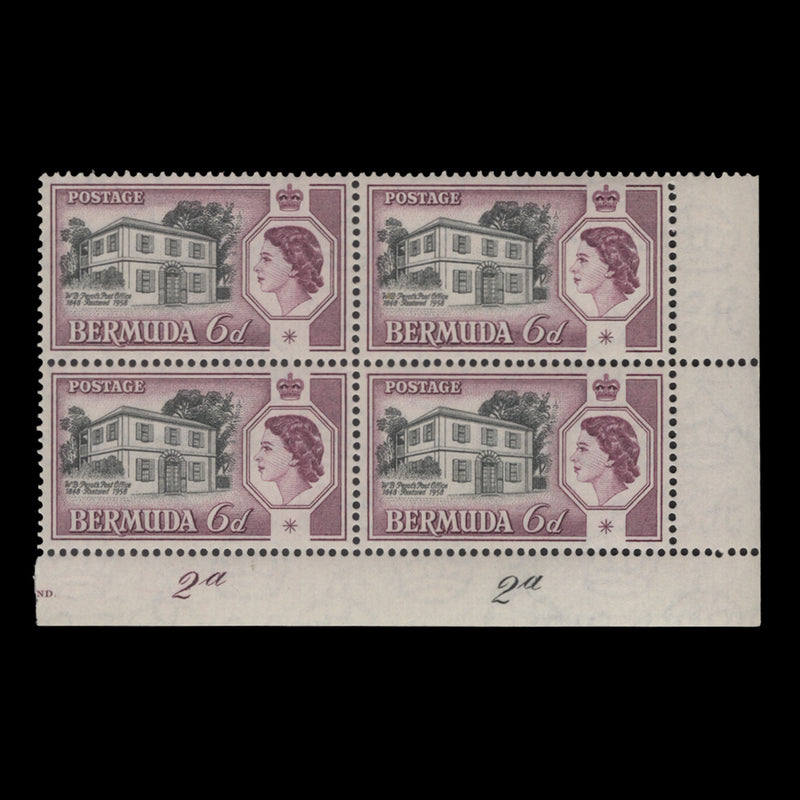 Bermuda 1959 (MNH) 6d Perot's Post Office plate 2a–2a block
