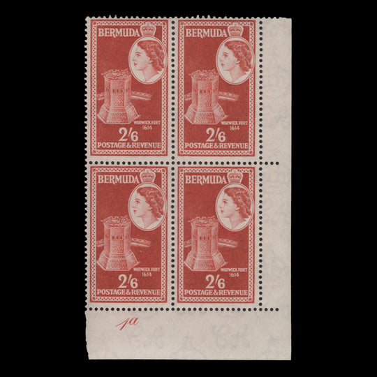 Bermuda 1953 (MNH) 2s6d Warwick Fort plate 1a block