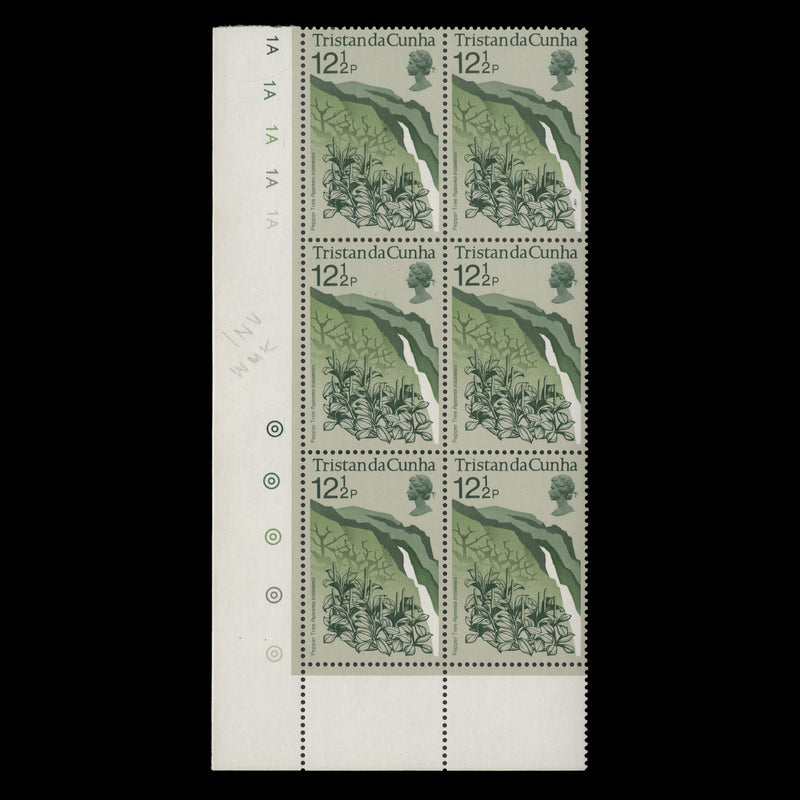 Tristan da Cunha 1972 (MNH) 12½p Pepper Tree plate block with inverted watermark