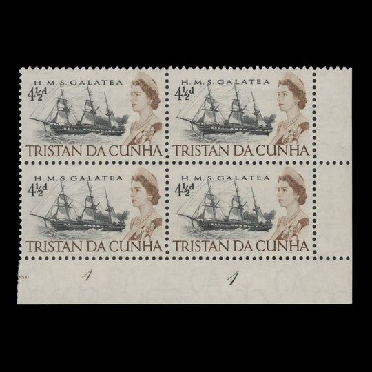 Tristan da Cunha 1965 (MNH) 4½d HMS Galatea plate 1–1 block