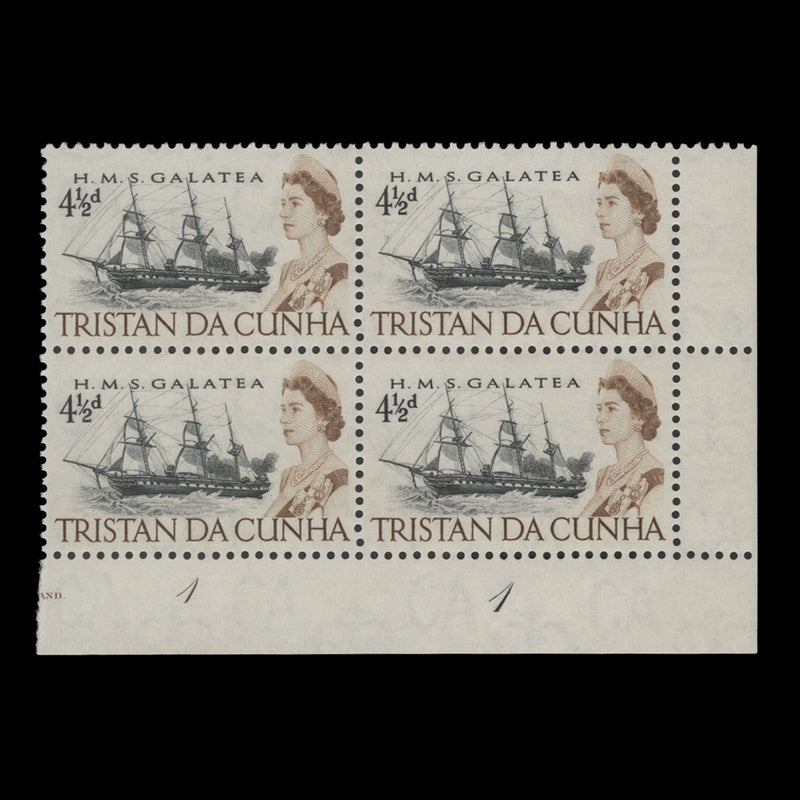 Tristan da Cunha 1965 (MNH) 4½d HMS Galatea plate 1–1 block