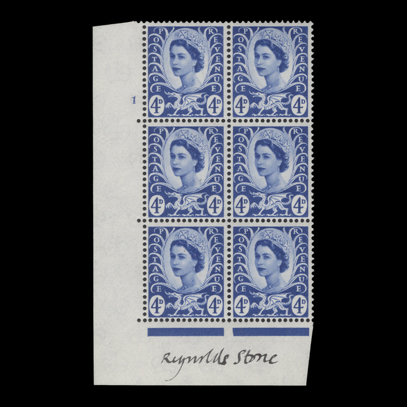 Wales 1966 (MNH) 4d Ultramarine cylinder block signed by Reynolds Stone