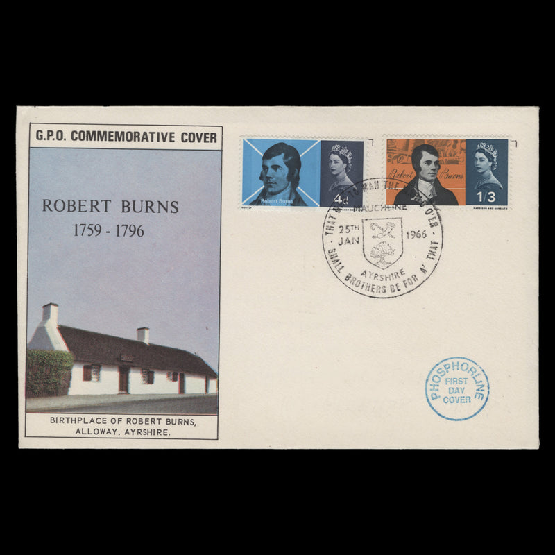 Great Britain 1966 Robert Burns phosphor first day cover, MAUCHLINE
