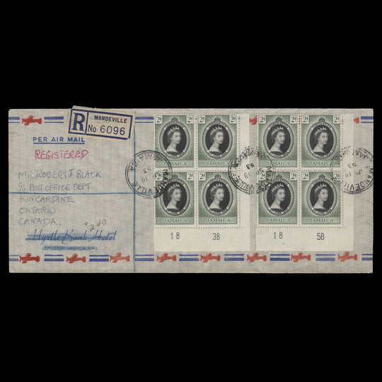 Jamaica 1953 (Used) 2d Coronation plate blocks on cover, MANDEVILLE