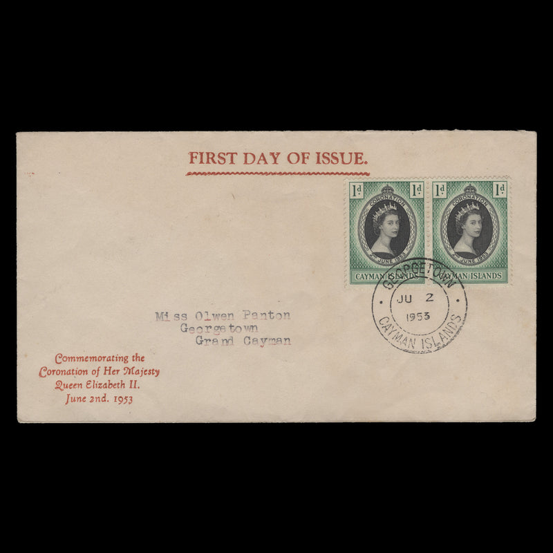 Cayman Islands 1953 (FDC) 1d Coronation pair, GEORGETOWN