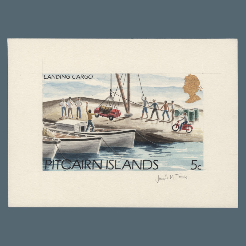 Pitcairn Islands 1977 Landing Cargo watercolour essay by Jennifer Toombs
