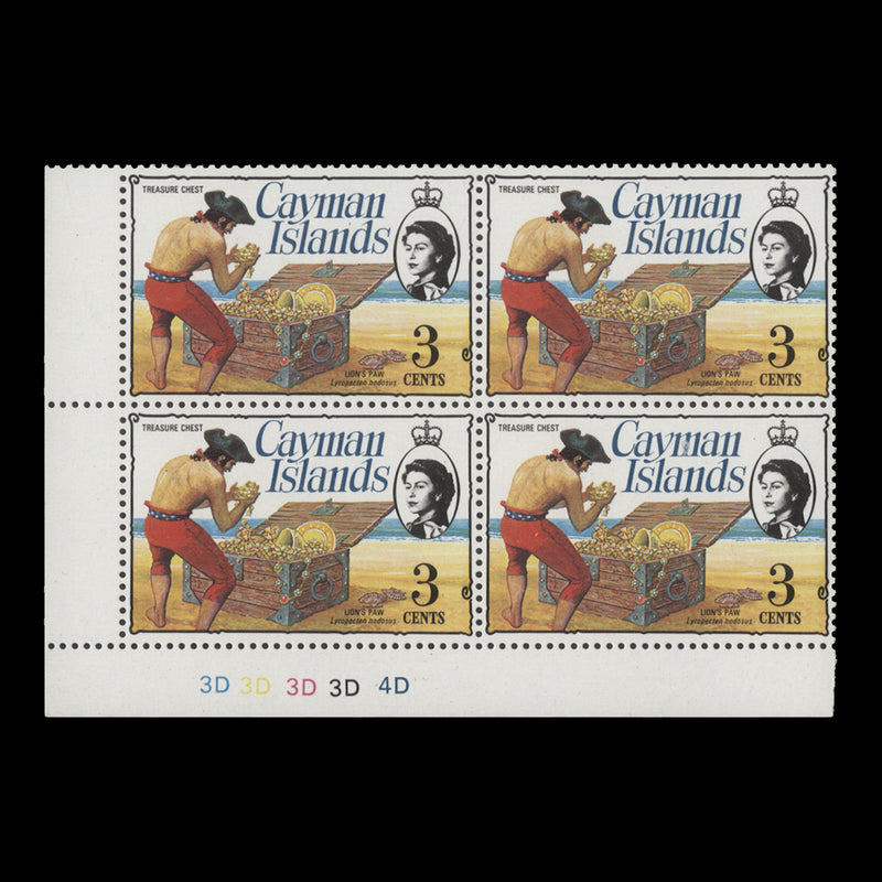 Cayman Islands 1977 (MNH) 3c Treasure Chest plate block, chalky