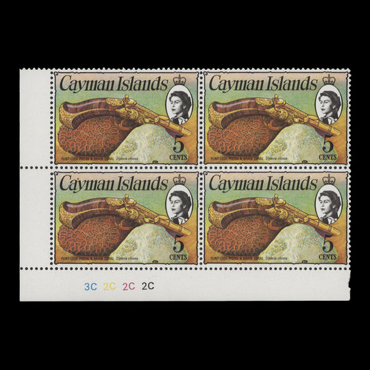 Cayman Islands 1977 (MNH) 5c Flintlock Pistol plate block, chalky