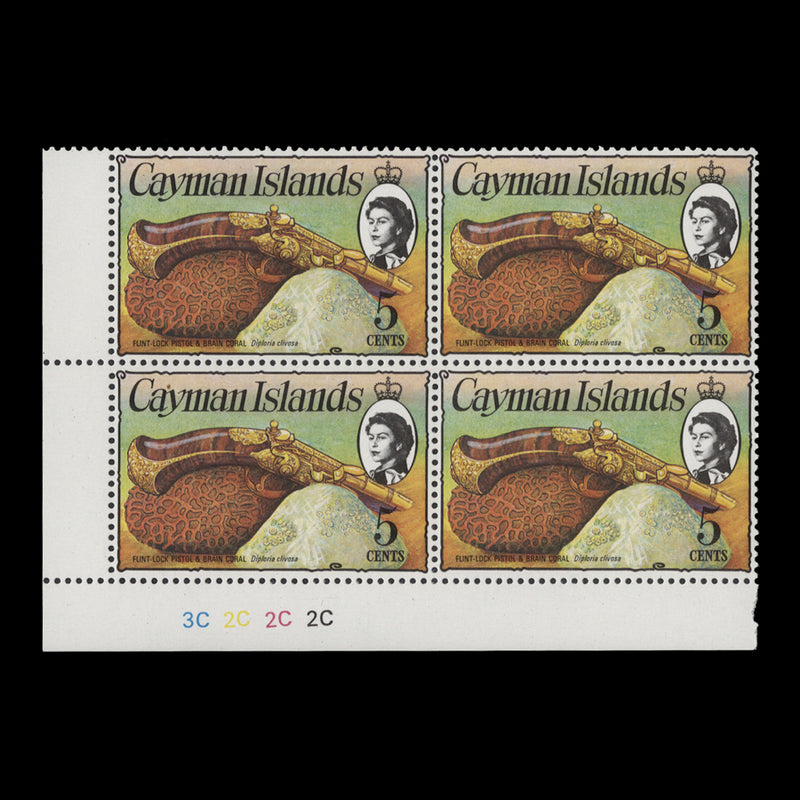 Cayman Islands 1977 (MNH) 5c Flintlock Pistol plate block, chalky