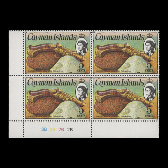 Cayman Islands 1977 (MNH) 5c Flintlock Pistol plate block, chalky