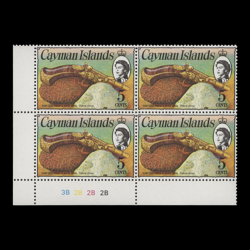 Cayman Islands 1977 (MNH) 5c Flintlock Pistol plate block, chalky