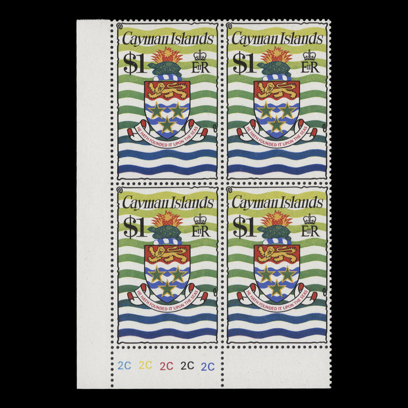 Cayman Islands 1977 (MNH) $1 Coat of Arms plate block, chalky