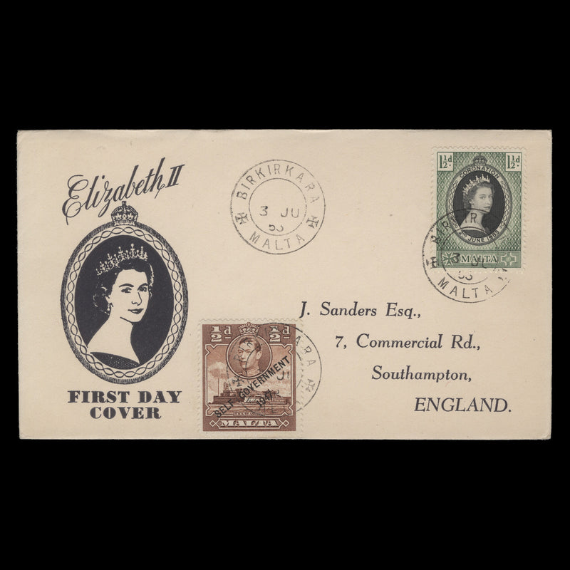 Malta 1953 (FDC) 1½d Coronation, BIRKIRKARA