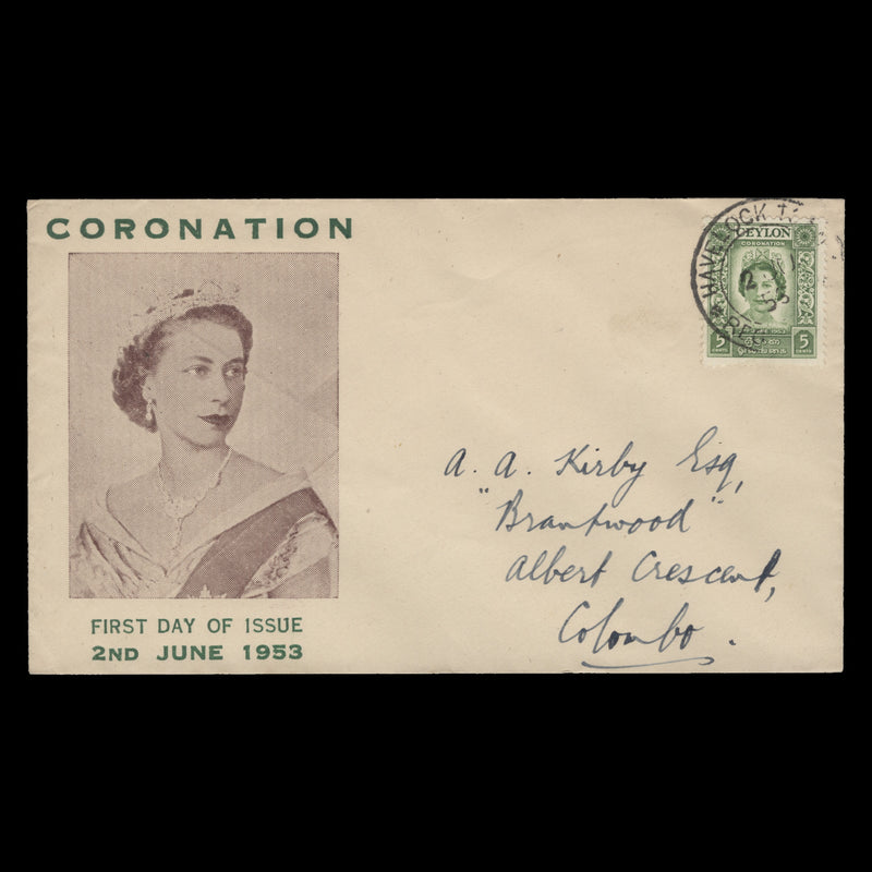 Ceylon 1953 (FDC) 5c Coronation, HAVELOCK TOWN