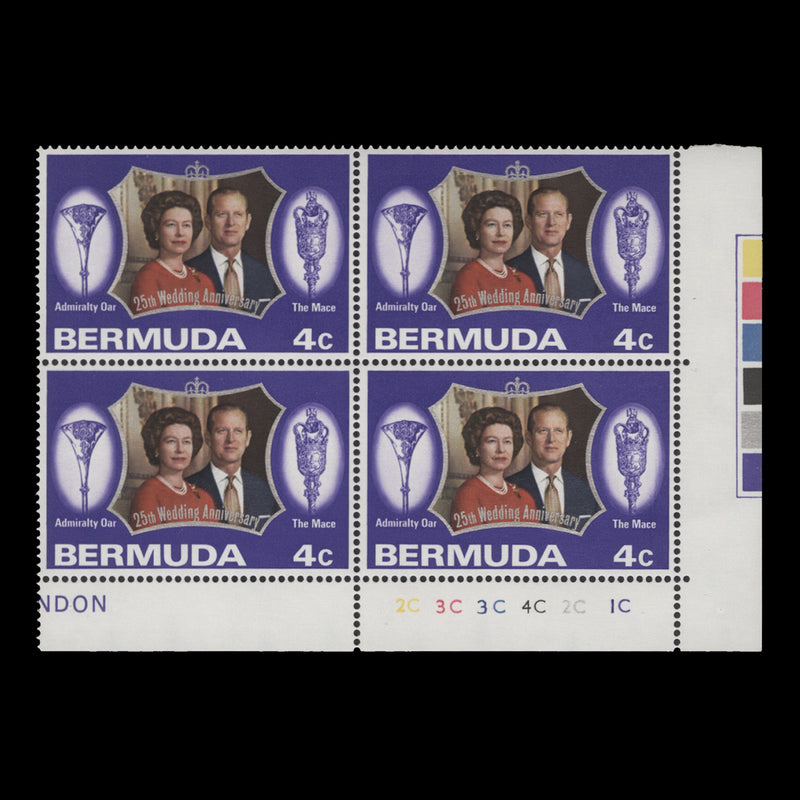 Bermuda 1972 (MNH) 4c Royal Silver Wedding plate 2C–3C–3C–4C–2C–1C block