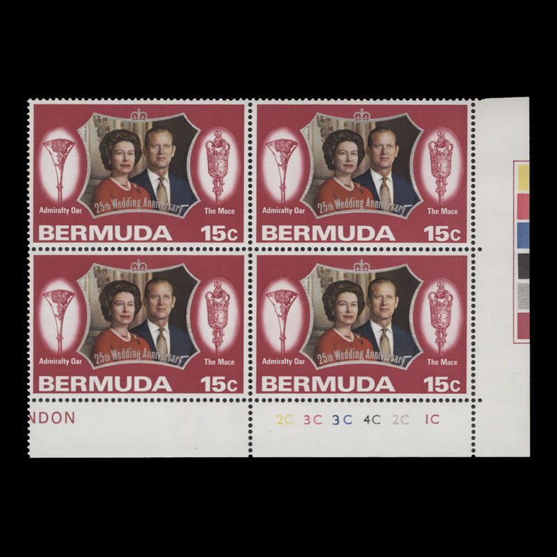 Bermuda 1972 (MNH) 15c Royal Silver Wedding plate 2C–3C–3C–4C–2C–1C block