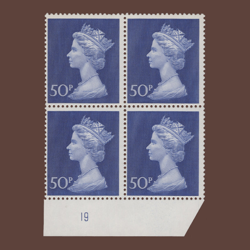 Great Britain 1974 (MNH) 50p Deep Ultramarine plate 19 block