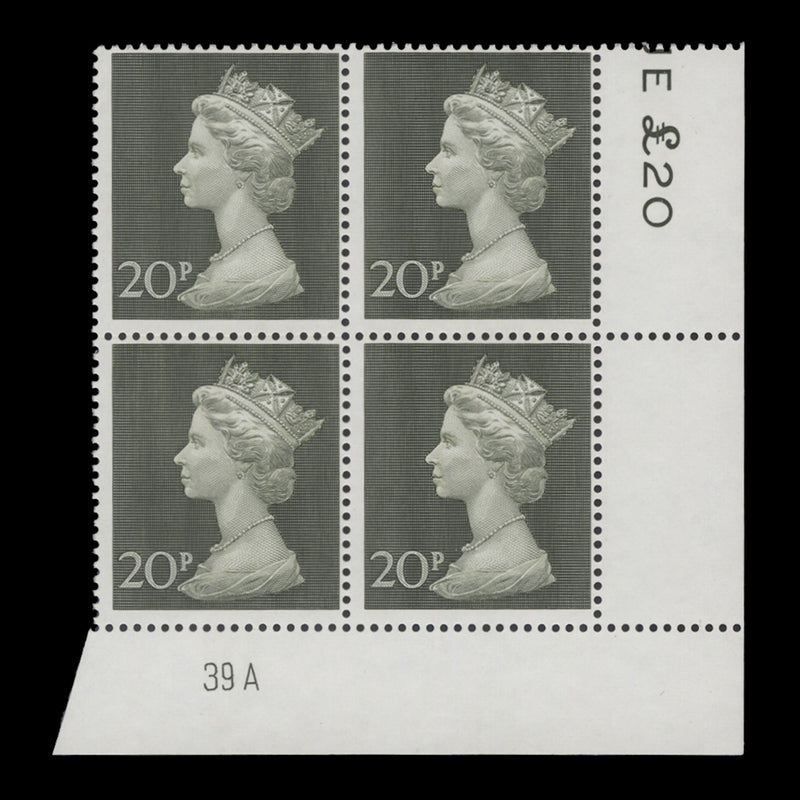 Great Britain 1970 (MNH) 20p Olive-Green plate 39A block