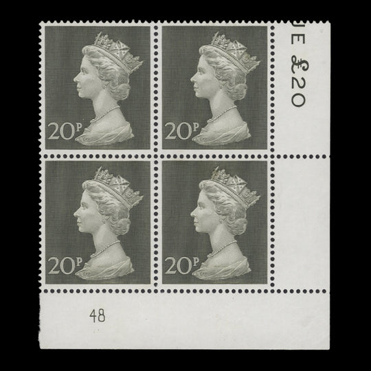 Great Britain 1970 (MNH) 20p Olive-Green plate 48 block
