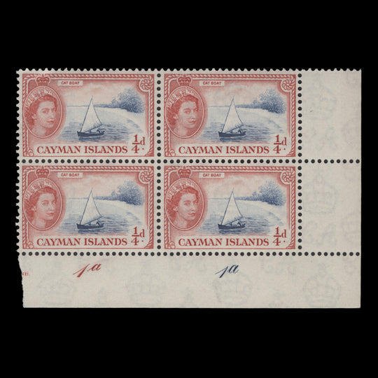 Cayman Islands 1955 (MNH) ¼d Cat Boat plate 1a–1a block