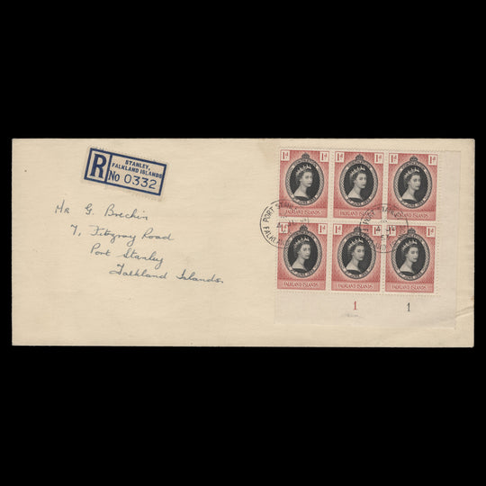 Falkland Islands 1953 (FDC) 1d Coronation plate block, PORT STANLEY