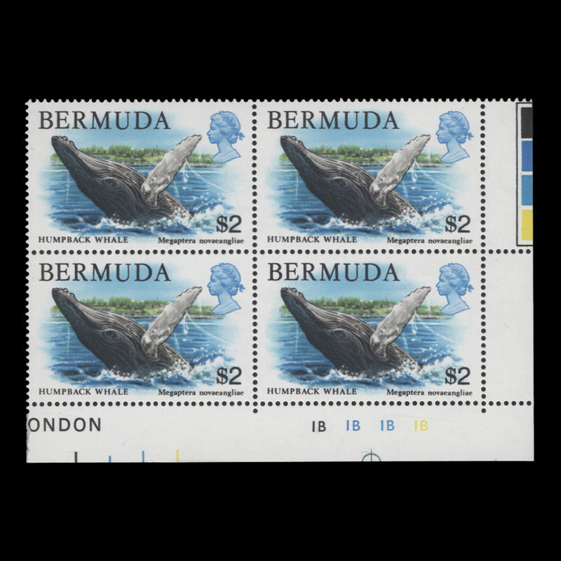 Bermuda 1979 (MNH) $2 Humpback Whale plate 1B–1B–1B–1B block