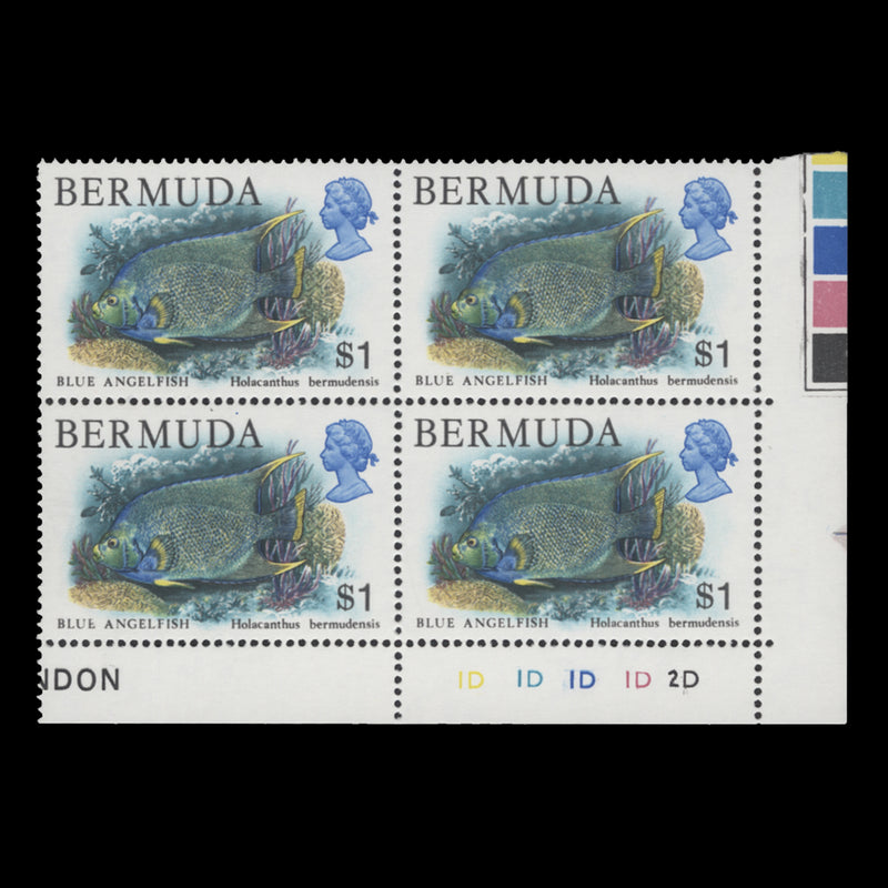 Bermuda 1979 (MNH) $1 Blue Angelfish plate 1D–1D–1D–1D–2D block