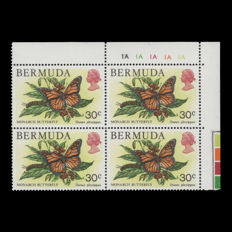 Bermuda 1979 (MNH) 30c Monarch Butterfly plate 1A–1A–1A–1A–1A block