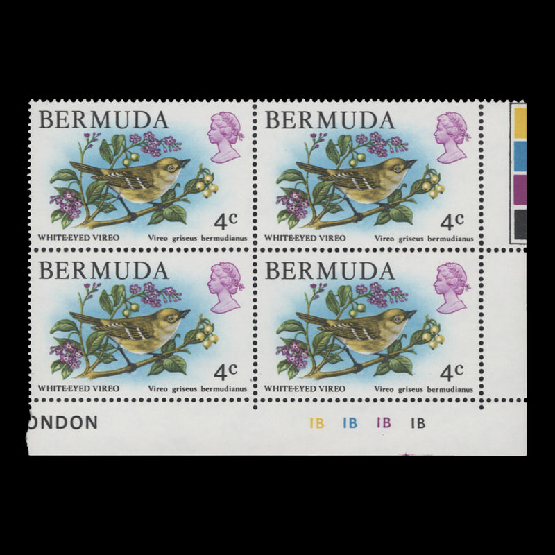 Bermuda 1978 (MNH) 4c White-Eyed Vireo plate 1B–1B–1B–1B block