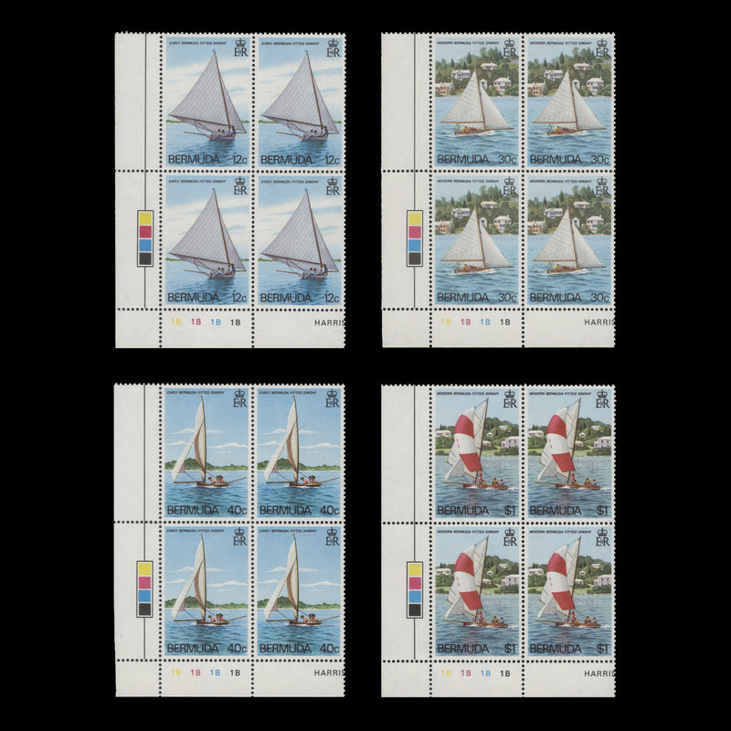 Bermuda 1983 (MNH) Fitted Dinghies plate 1B–1B–1B–1B blocks