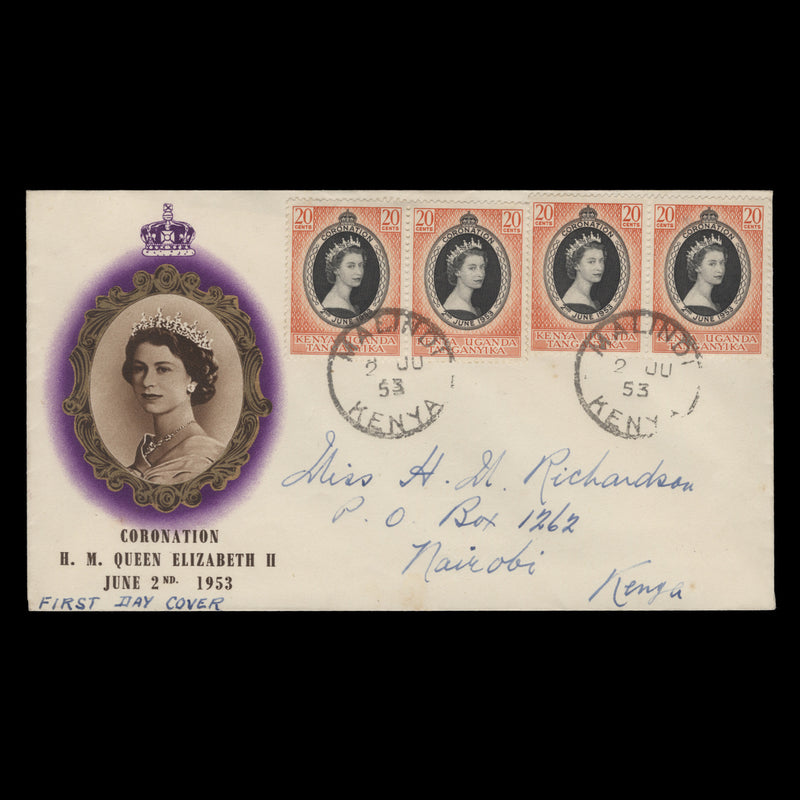 Kenya Uganda Tanganyika 1953 (FDC) 20c Coronation pairs, MALINDI