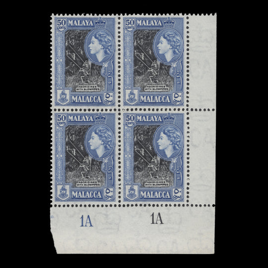 Malacca 1957 (MNH) 50c Aborigines with Blowpipes plate 1A–1A block