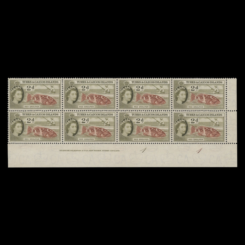 Turks & Caicos Islands 1957 (MNH) 2d Red Grouper imprint/plate 1–1 block