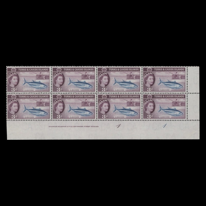 Turks & Caicos Islands 1957 (MNH) 3d Albacore imprint/plate 1–1 block