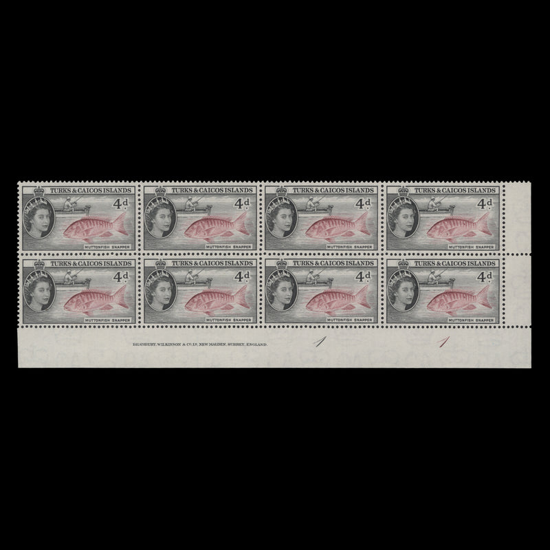 Turks & Caicos Islands 1957 (MNH) 4d Muttonfish Snapper imprint/plate 1–1 block