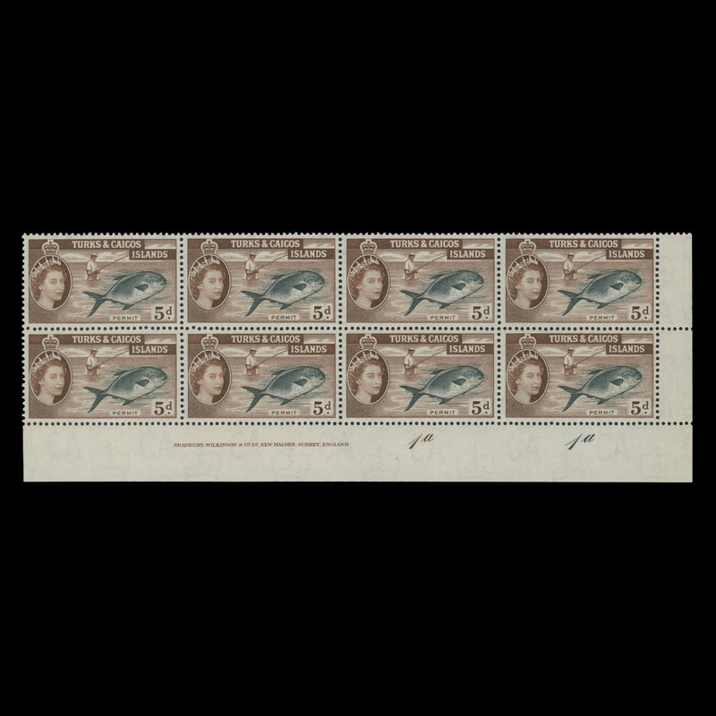 Turks & Caicos Islands 1957 (MNH) 5d Permit imprint/plate 1a–1a block