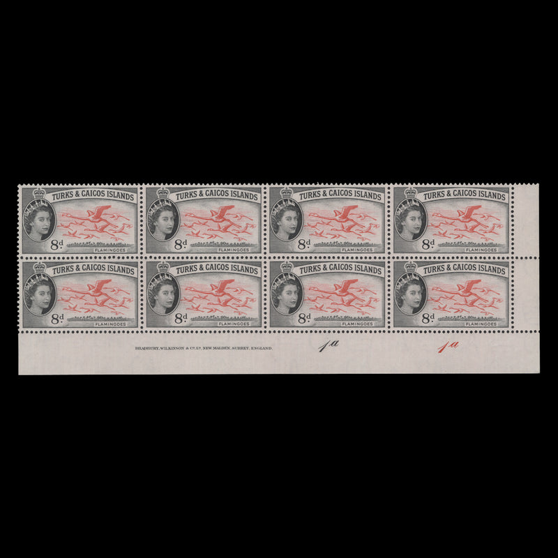 Turks & Caicos Islands 1957 (MNH) 8d Flamingoes imprint/plate 1a–1a block