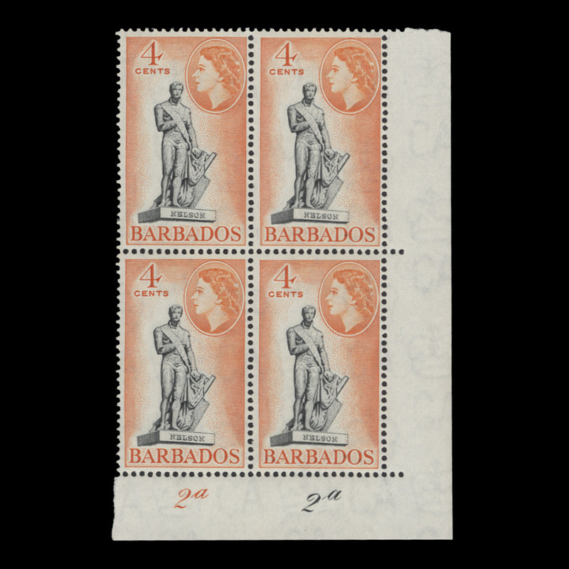 Barbados 1964 (MNH) 4c Statue of Nelson plate 2a–2a block, St Edward's crown