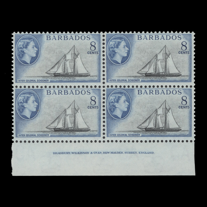 Barbados 1965 (MNH) 8c Inter Colonial Schooner imprint block, St Edward's crown